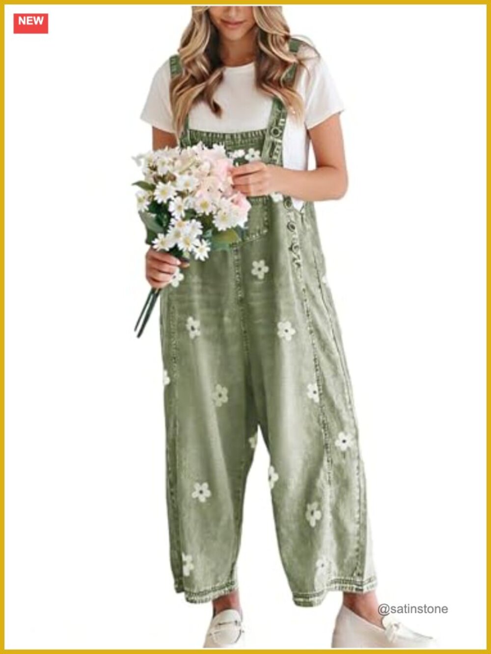 Floral Print Denim Bib Overalls Wide Leg Adjustable Strap Baggy
